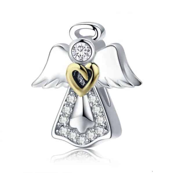 Voor en achterkant van onze mooie angel bead. Deze engel bead is bezet met zirkonia. In 925 sterling zilver beschermende engel