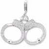 Product Afbeelding Vooraanzicht van onze bedel handboeien. Deze super leuke bedel is gemaakt van 925 sterling zilver en is volledig bezet met zirkonia. De handboeien kunnen open en dicht. Super leuke bedel voor een agent(e) of anders....