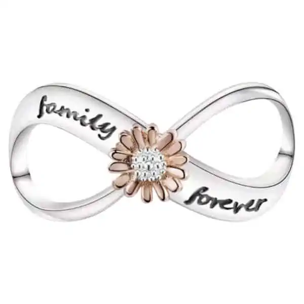 Product Afbeelding Vooraanzicht van deze prachtige infinity bead. Deze bedel is gemaakt van 925 sterling zilver. Met in het midden een madelief in rose met zirkonia in het midden. Op de lussen staat gegraveerd family forever in zwart emaille.