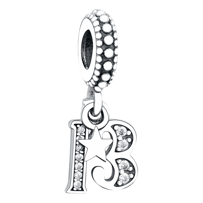 Product Afbeelding Vooraanzicht van onze charm 13 jaar. Deze bedel van 13 jaar met ster is gemaakt van 925 sterling zilver en zirkonia steentjes.