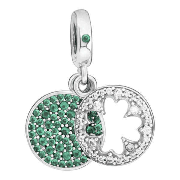 Product Afbeelding Vooraanzicht van onze 2-delige klavertje 4 met groene zirkonia steentjes. Mooie bedel van 925 sterling zilver