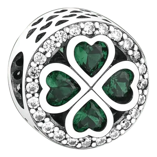 Product Afbeelding Voor en Achteraanzicht van onze prachtige klavertje vier bead. Deze bedel met rondom zirkonia en groene harten in zirkonia is gemaakt van 925 sterling zilver.