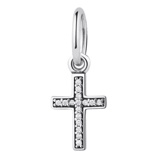 Voorkant van de kruis bedel met zirkonia in 925 Sterling Zilver. Fonkelende zirkonia kruis voor Gelovige