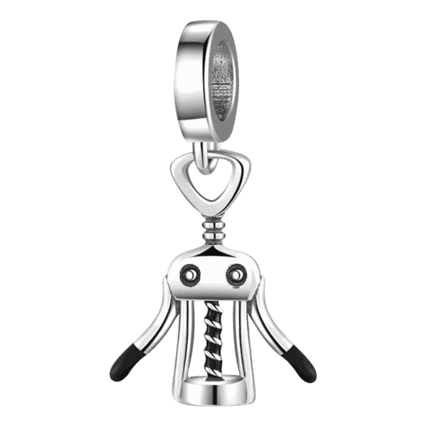 Vooraanzicht van de mooie kurketrekker. Deze charm is geweldig voor onze wijn liefhebbers. Gemaakt van zwarte emaille en 925 sterling zilver.