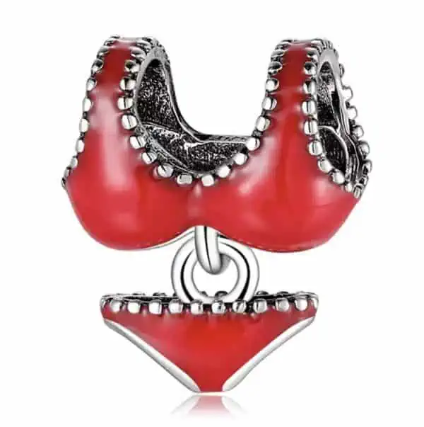 Product Afbeelding Vooraanzicht van onze prachtige, sexy lingerie bedel. Deze bikini bedel is 2-delig en gemaakt van 925 sterling zilver. Afgewerkt met rode emaille, de kleur van de liefde.