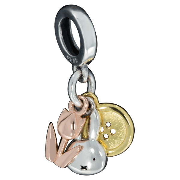 Afbeelding product vooraanzicht van onze prachtige 3-delige nijntje charm. Deze nijntje bedel bestaat uit 3 nijntje del. Nijntje hoofd, tulp rose en knoop goud. Alles gemaakt van 925 sterling zilver.