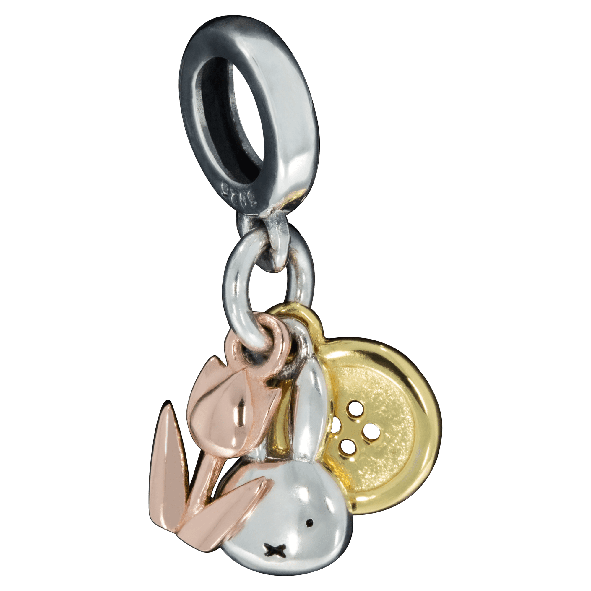 Afbeelding product vooraanzicht van onze prachtige 3-delige nijntje charm. Deze nijntje bedel bestaat uit 3 nijntje del. Nijntje hoofd, tulp rose en knoop goud. Alles gemaakt van 925 sterling zilver.