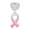 Product Afbeelding Vooraanzicht van onze aller nieuwe pink ribbon bedel. Met het mooie roze lint wat symbool staat voor borstkanker. Samen met een mooi zirkonia hart gemaakt van 925 sterling zilver