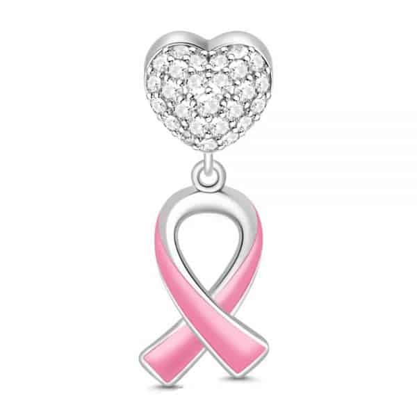 Product Afbeelding Vooraanzicht van onze aller nieuwe pink ribbon bedel. Met het mooie roze lint wat symbool staat voor borstkanker. Samen met een mooi zirkonia hart gemaakt van 925 sterling zilver