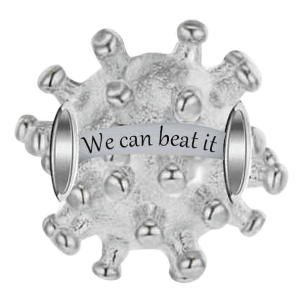 Vooraanzicht van onze symbool bedel virus. De bedel virus heeft een gravure met we can bead it. Nu met de corona is dat een mooie tekst. Mooie gedenkbedel