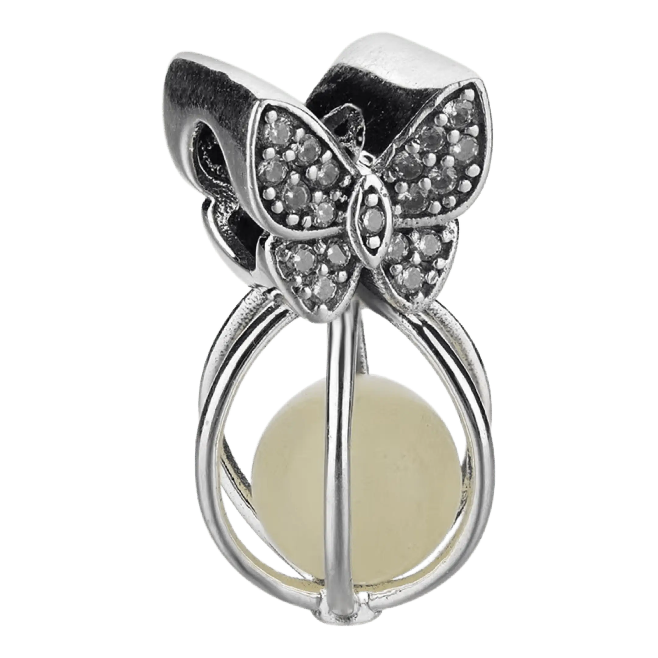 Product Afbeelding Voor en Achteraanzicht van onze prachtige glow in de dark vlinder. Deze vlinder is gemaakt van 925 sterling zilver en helemaal ingelegd met zirkonia's. Deze bead butterfly heeft een kooi met balletje die licht geeft.