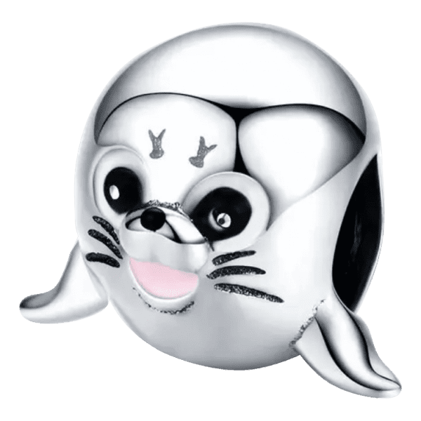 Product Afbeelding Vooraanzicht van deze nieuwe zeehond bedel. Schattige zee hond met zwarte en roze emaille. Deze zeehond bead is een lieverd die gemaakt is van 925 sterling zilver.