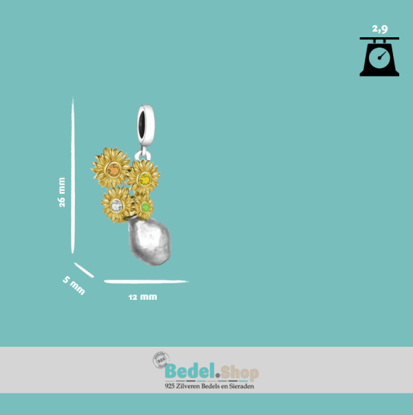 Product maattabel. Deze foto geeft je een inzicht van de maten van de Zonnebloemen van Vincent van Gogh. Ook het gewicht van de bedel is rechtsboven aangegeven. Zo weet je precies hoe groot onze 925 sterlingen zilveren bedel is.