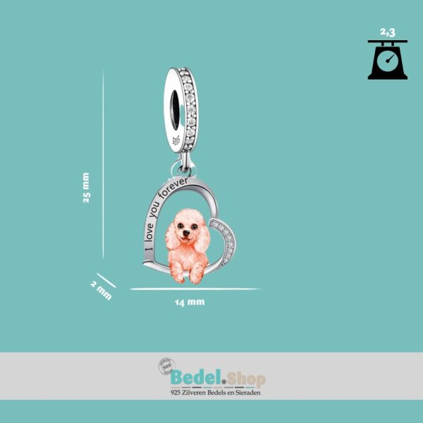 Bedel Poedel | Charm in hartvorm | Bi-color | 925 Sterling Zilver - Afbeelding 3