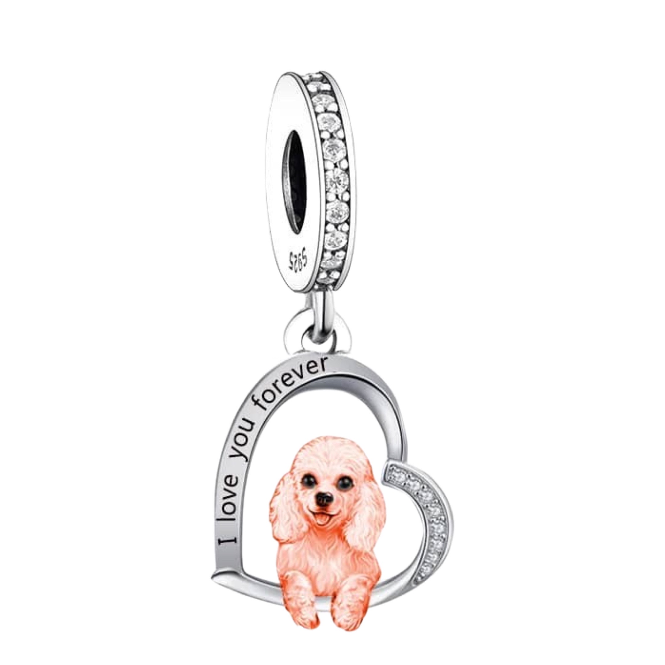 Product Afbeelding Vooraanzicht van onze prachtige nieuwe honden bedel. Deze charm met de hond poedel erin is gemaakt van 925 sterling zilver en de poedel zelf met een laagje rose goud. I love you forever gegraveerd in het open hart.