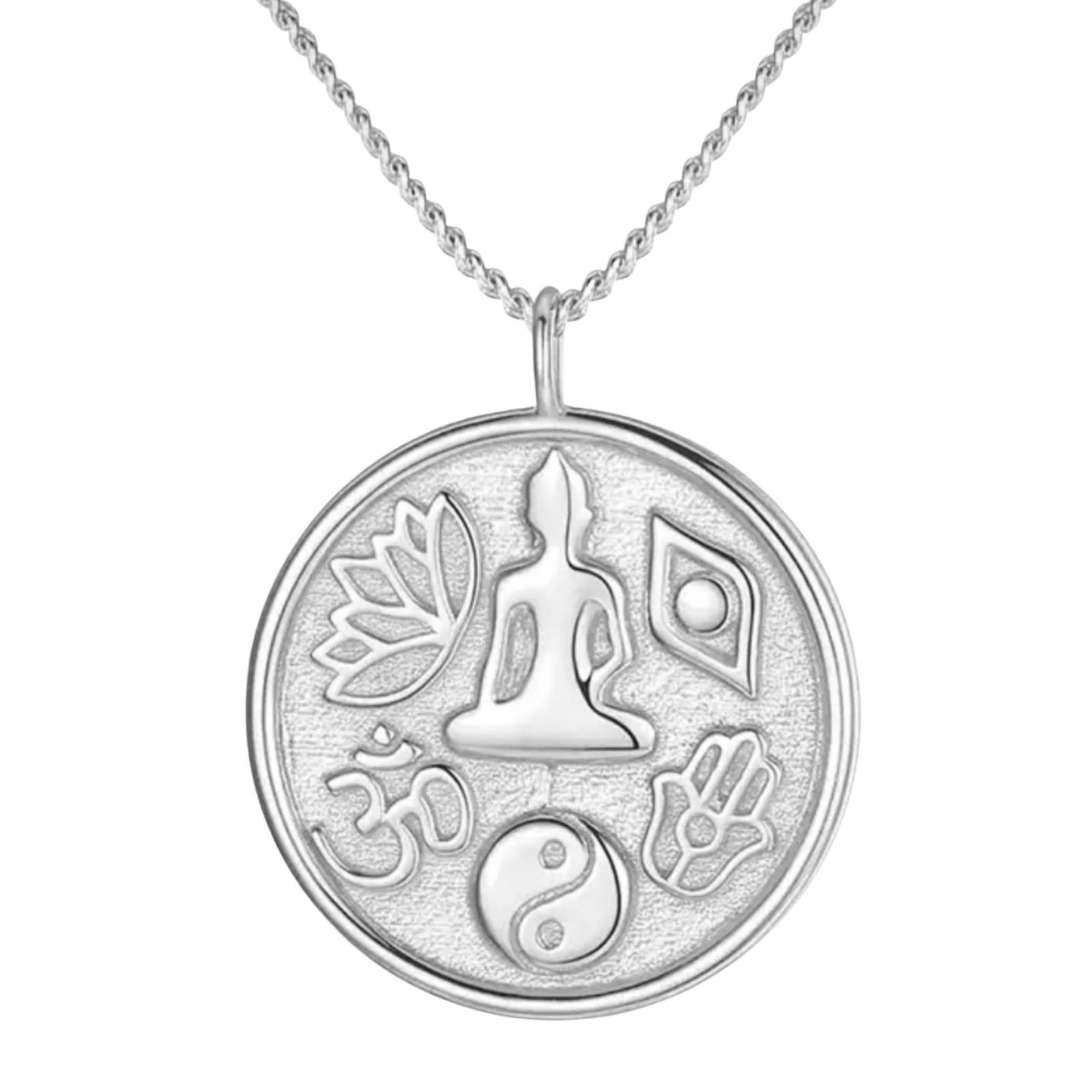 Product Afbeelding Vooraanzicht van onze prachtige balans ketting. Deze ketting heeft 5 symbolen. Boedha, lotusbloem, ying yang gemaakt van 925 sterling zilver. Inclusief ketting 45 cm.