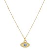 Product Afbeelding vooraanzicht van onze nieuwe boze oog ketting. Deze lieve ketting is verstelbaar tot 45 centimeter. Het boze oog en ketting is gemaakt van 925 sterling zilver met een laagje 14 karaat goud. Het oog is afgewerkt met een blauwe zirkonia.