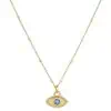 Product Afbeelding vooraanzicht van onze nieuwe boze oog ketting. Deze lieve ketting is verstelbaar tot 45 centimeter. Het boze oog en ketting is gemaakt van 925 sterling zilver met een laagje 14 karaat goud. Het oog is afgewerkt met een blauwe zirkonia.