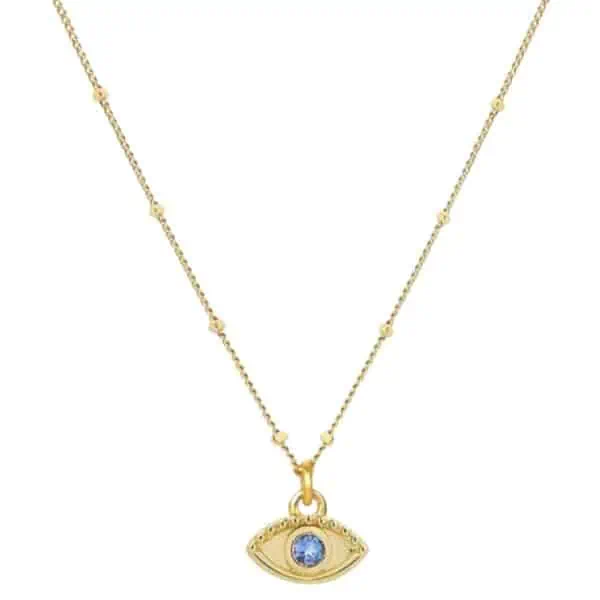 Product Afbeelding vooraanzicht van onze nieuwe boze oog ketting. Deze lieve ketting is verstelbaar tot 45 centimeter. Het boze oog en ketting is gemaakt van 925 sterling zilver met een laagje 14 karaat goud. Het oog is afgewerkt met een blauwe zirkonia.