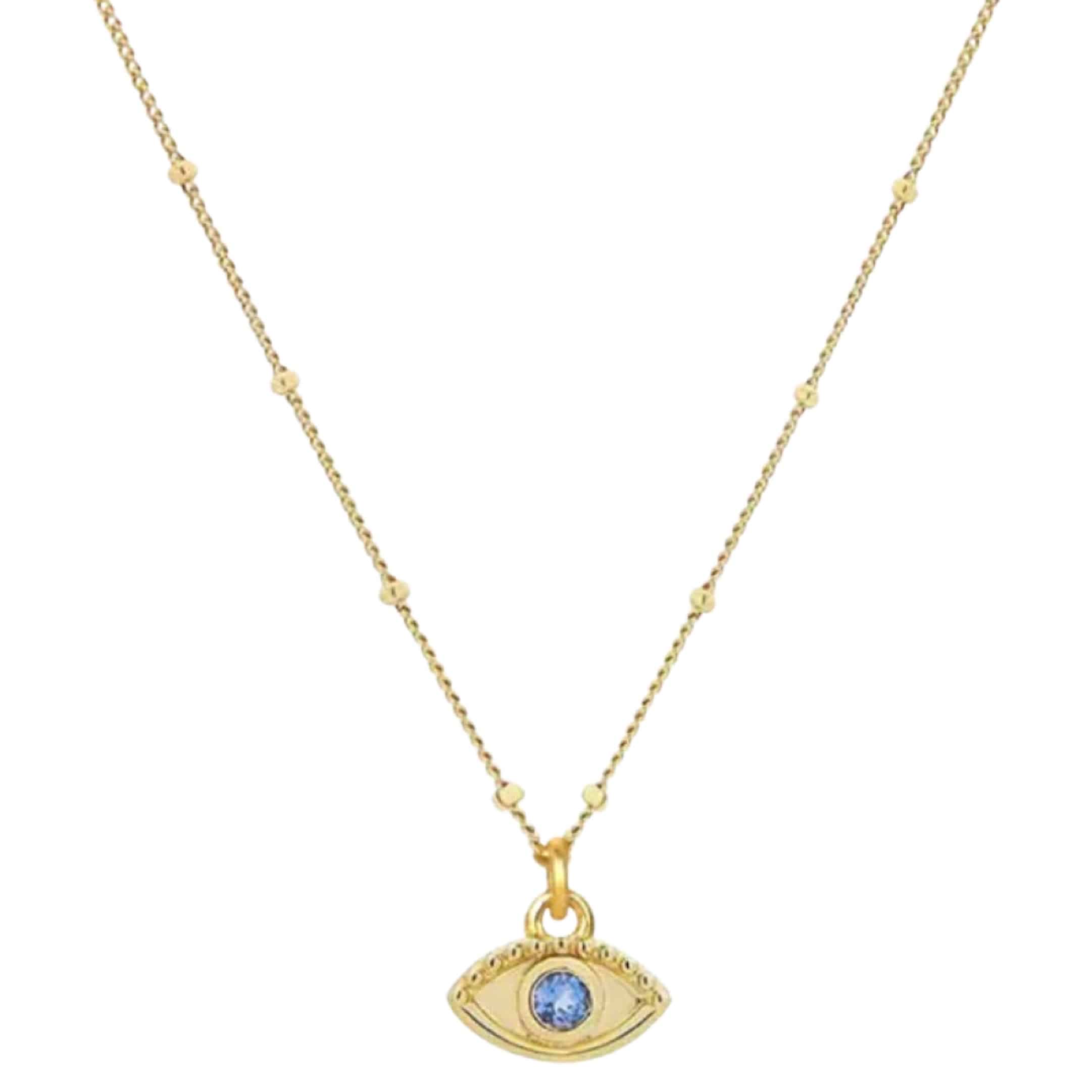 Product Afbeelding vooraanzicht van onze nieuwe boze oog ketting. Deze lieve ketting is verstelbaar tot 45 centimeter. Het boze oog en ketting is gemaakt van 925 sterling zilver met een laagje 14 karaat goud. Het oog is afgewerkt met een blauwe zirkonia.