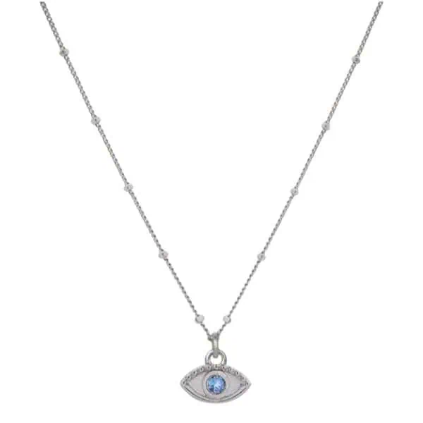 Product Afbeelding vooraanzicht van onze nieuwe boze oog ketting. Deze lieve ketting is verstelbaar tot 45 centimeter. Het boze oog en ketting is gemaakt van 925 sterling zilver. Het oog is afgewerkt met een blauwe zirkonia.