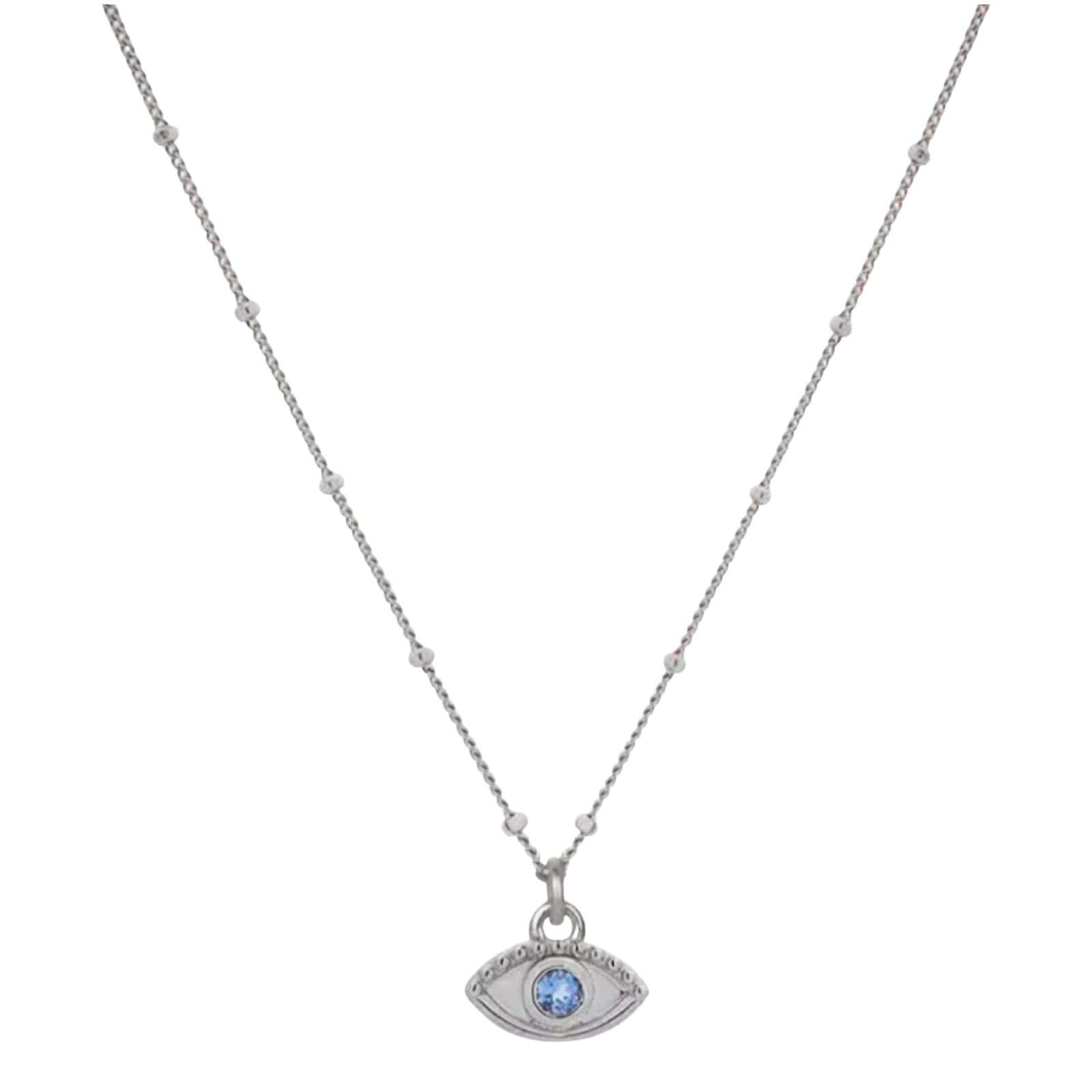 Product Afbeelding vooraanzicht van onze nieuwe boze oog ketting. Deze lieve ketting is verstelbaar tot 45 centimeter. Het boze oog en ketting is gemaakt van 925 sterling zilver. Het oog is afgewerkt met een blauwe zirkonia.