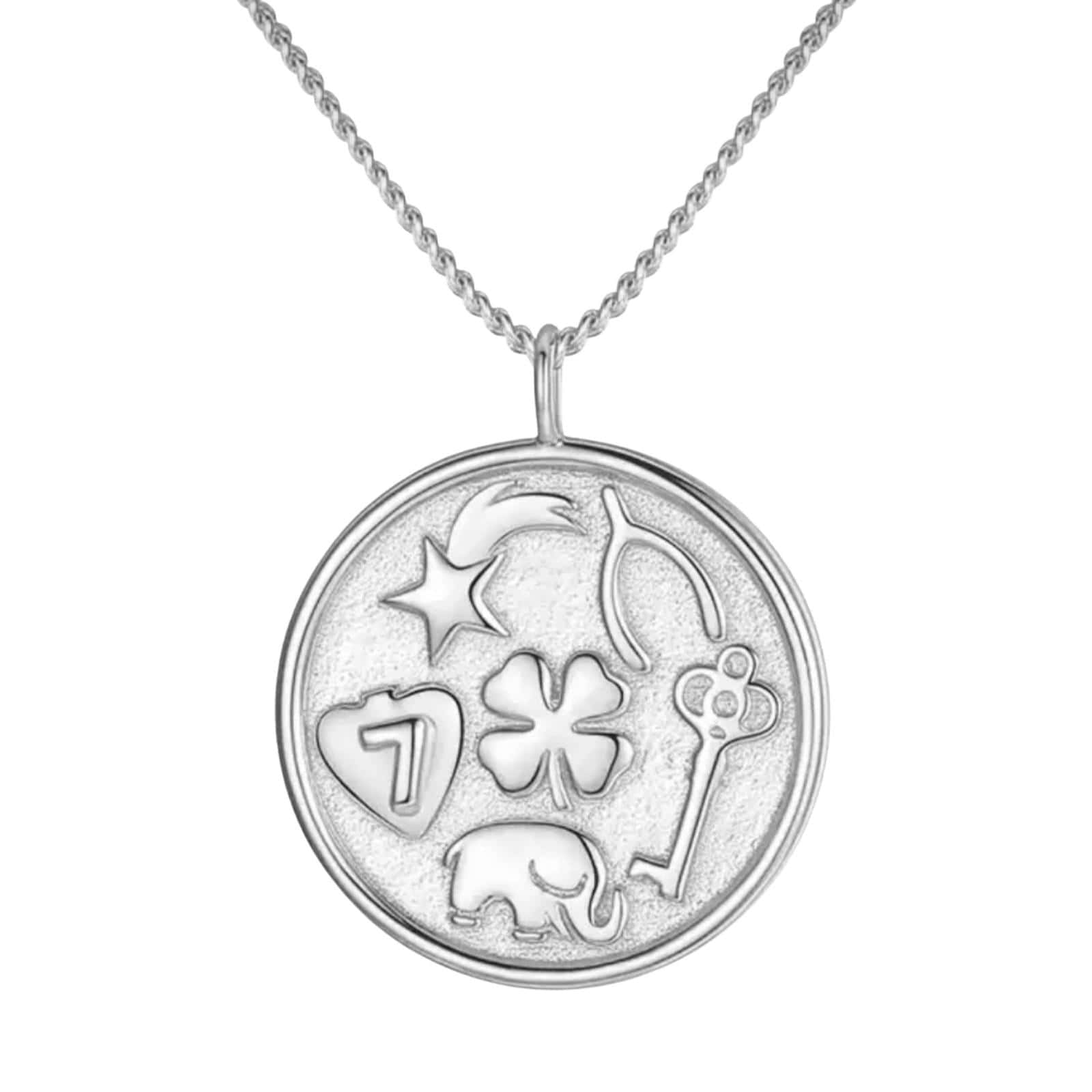 Product Afbeelding Vooraanzicht van onze prachtige geluk ketting. Deze ketting heeft 5 symbolen. klaver 4, vallende ster, hoefijzer gemaakt van 925 sterling zilver. Inclusief ketting 45 cm.