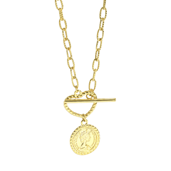 Product Afbeelding Vooraanzicht van onze nieuwe ketting vintage met munt. Gemaakt van 925 sterling zilver. Goud 14 karaat laagje met bijzondere steeksluiting en hart. Deze vintage munt ketting is echt een mooie statement om je nek