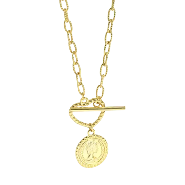 Product Afbeelding Vooraanzicht van onze nieuwe ketting vintage met munt. Gemaakt van 925 sterling zilver. Goud 14 karaat laagje met bijzondere steeksluiting en hart. Deze vintage munt ketting is echt een mooie statement om je nek