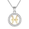 Product Afbeelding Vooraanzicht van deze prachtige horoscoop vissen ketting. Deze ketting is gemaakt van 925 sterling zilver. Het sterrenbeeld symbool vis is gemaakt van 14 karaat goud. De medaillon is in de rand ingelegd met zirkonia. De ketting is inclusief.