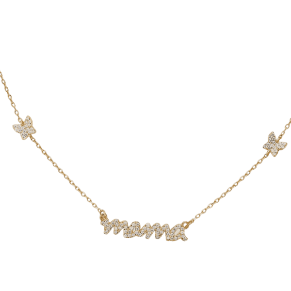 Product Afbeelding vooraanzicht van onze nieuwe ketting. Deze gouden ketting met mama en 2 vlinders. Rijkelijk geveuld met zirkonia. Een geweldig cadeau voor moederdag