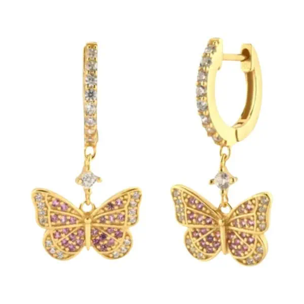 Vooraanzicht van onze nieuwe collectie. Deze prachtige vlinder oorringen in goud zijn helemaal bezet met transparante en roze zirkonia. Ook de ringen van deze prachtige vlindertjes zijn ook ingelegd met zirkonia. Let them fly!