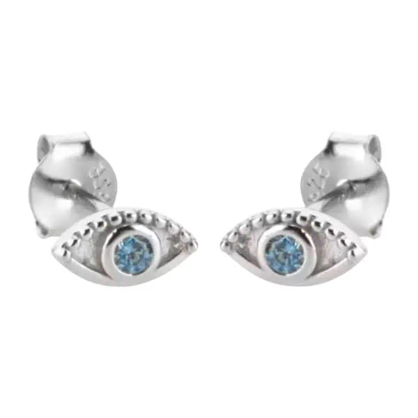Product Afbeelding Vooraanzicht van onze lieve boze oog earstuds. Deze oorstekers zijn gemaakt van 925 sterling zilver en blauwe zirkonia steen.