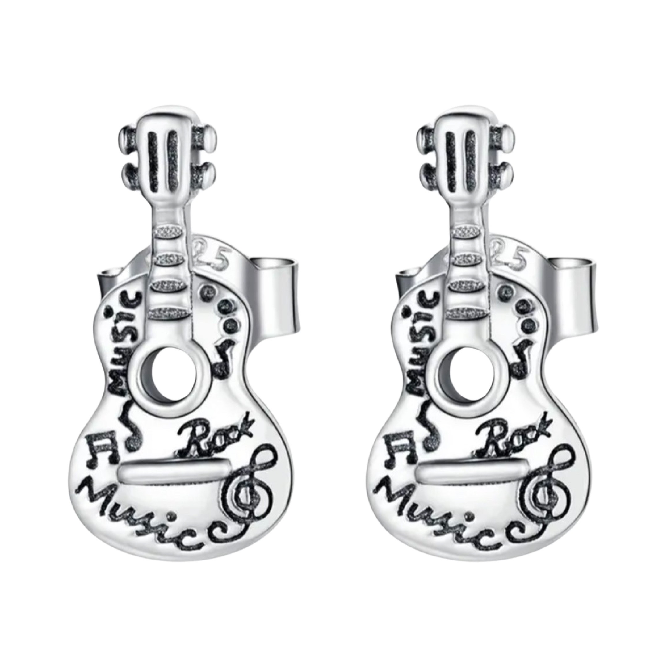 Product Afbeelding Vooraanzicht van onze prachtige oorbellen gitaar. Deze lieve gitaar studs zijn gemaakt van 925 sterling zilver en in het geheel in detail gegraveerd met zwarte emaille. Zoals love music.