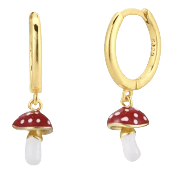 Product Aanzicht voorkant vanoorbellen van de herfst. Deze prachtige oorringen met hangende paddenstoel van emaille gemaakt van 925 sterling zilver en een laagje goud.