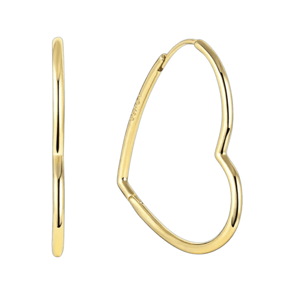 Product Afbeelding Vooraanzicht van onze nieuwe oorbellen. We hadden ze al in zilver en Rose. Maar nu ook in goud. Gemaakt van 925 Sterling zilver. Met de gravure loved in de binnenkant gegraveerd. De hartvorm maakt een echte eyecatcher van deze oorbellen