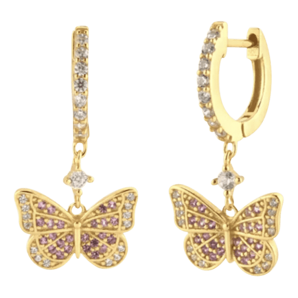 Vooraanzicht van onze nieuwe collectie. Deze prachtige vlinder oorringen in goud zijn helemaal bezet met transparante en roze zirkonia. Ook de ringen van deze prachtige vlindertjes zijn ook ingelegd met zirkonia. Let them fly!