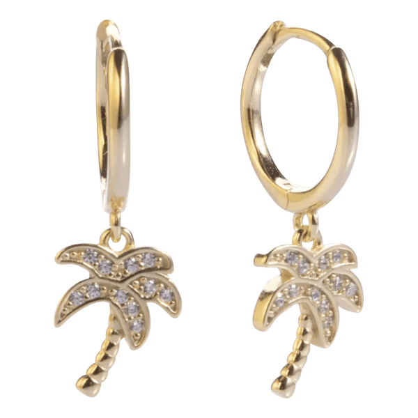 Vooraanzicht van onze mooi palmboom oorbellen met zirkonia. De oorring zijn voor zien van een klik systeem en zitten lekker. De palmbomen van 925 sterling zilver en goud zijn ingelegd met zirkonia.
