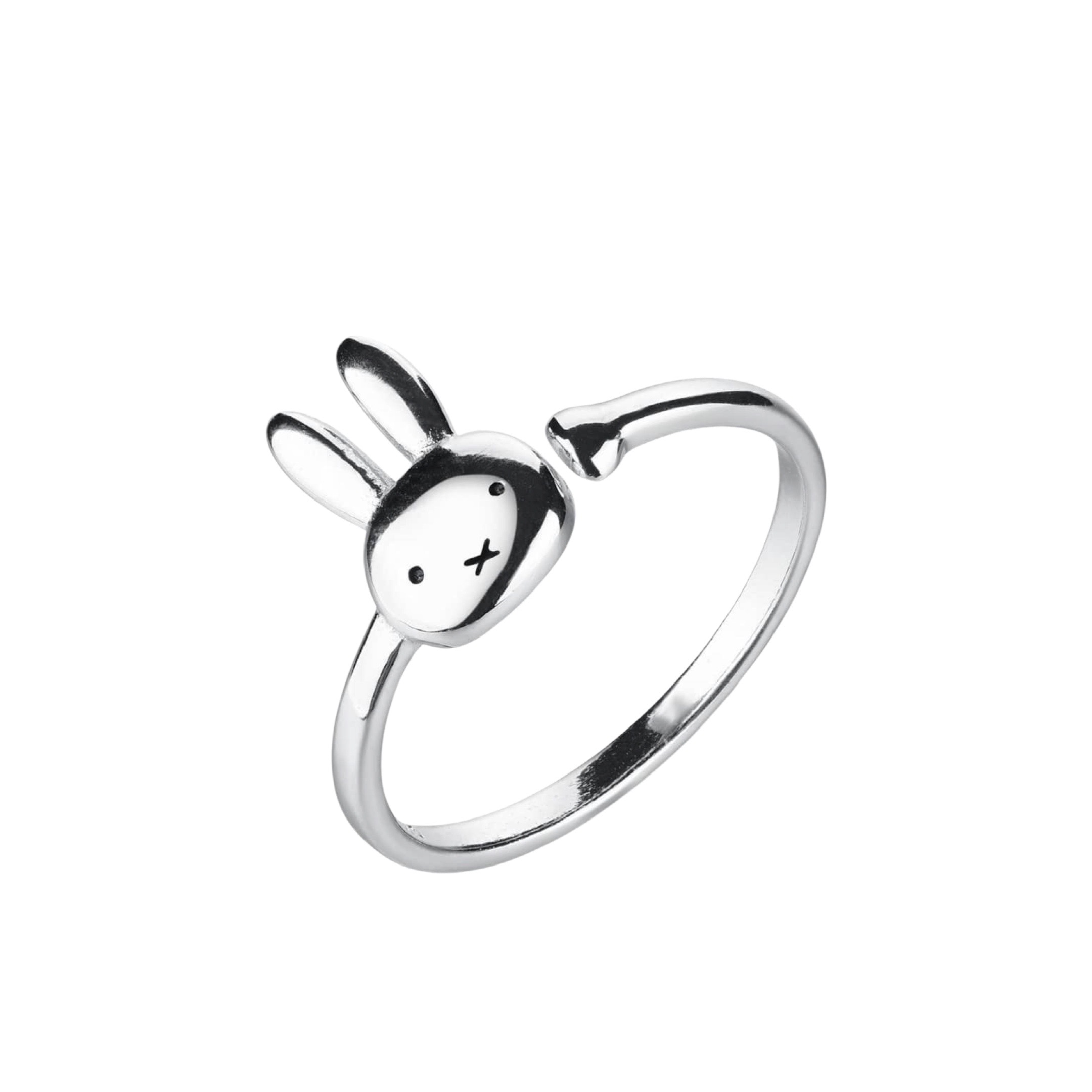Product Afbeelding Vooraanzicht van onze prachtige verstelbare ring voor kinder. Prachtige nijntje snoet of hoofdje gemaakt van 925 sterling zilver met zwarte emaille als ogen en mond als kruis.