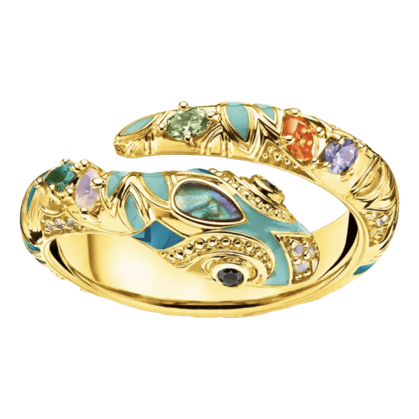 Vooraanzicht van onze nieuwe slang ring goud. Deze gouden verstelbare ring is volgezet met emaille en zirkonia. Deze statement ring goud is een echte eyecatcher