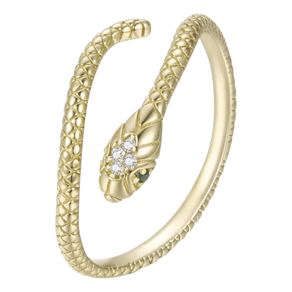 Product Afbeelding Vooraanzicht van deze prachtige ring slang. Met laagje goud maar gemaakt van 925 sterling zilver. Briljantjes voor de ogen van de ring. En makkelijk verstelbaar.