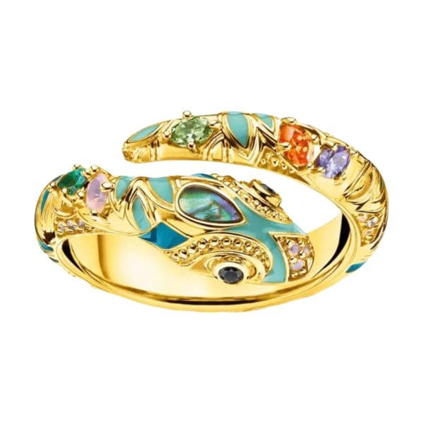 Product Afbeelding Vooraanzicht van onze super mooie slangen ring goud met verschillende kleuren zirkonia en emaille. De ring is verstelbaar en gemaakt van 925 sterling zilver met een laagje goud.
