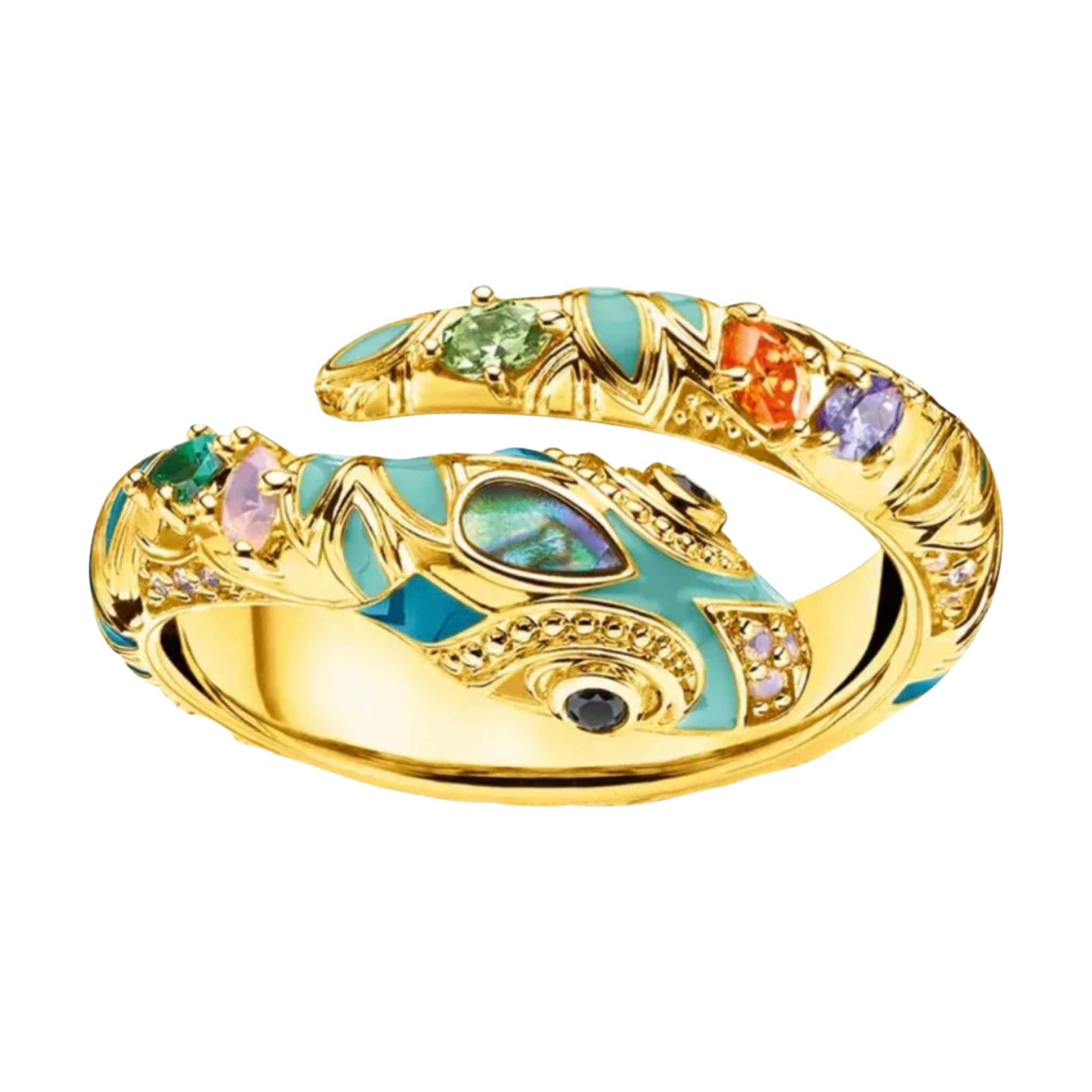 Product Afbeelding Vooraanzicht van onze super mooie slangen ring goud met verschillende kleuren zirkonia en emaille. De ring is verstelbaar en gemaakt van 925 sterling zilver met een laagje goud.