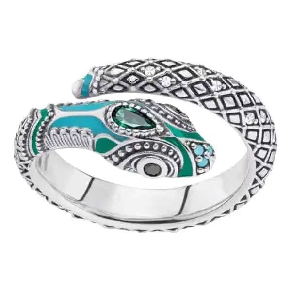 Product Afbeelding Bovenaanzicht van onze prachtige verstelbare ring van een tropical slang. Mooie slang gemaakt van 925 sterling zilver en blauwe en grone zirkonia en emaille. Met mooi relief.