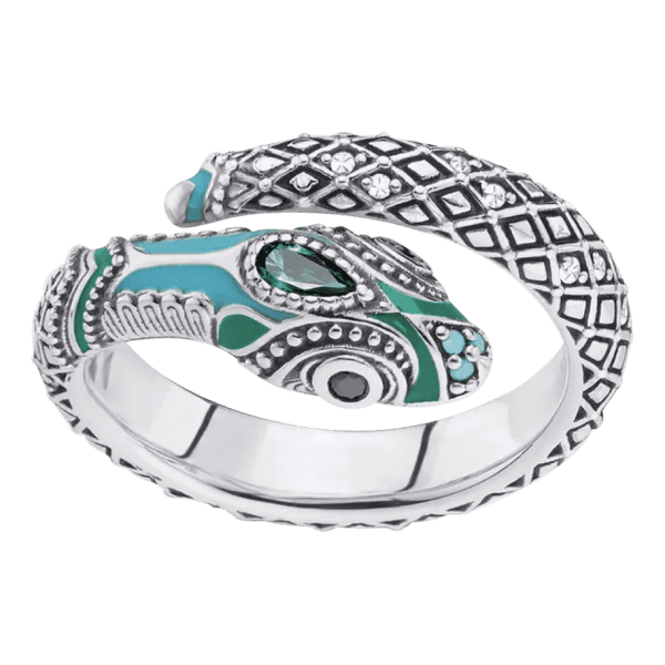 Product Afbeelding Bovenaanzicht van onze prachtige verstelbare ring van een tropical slang. Mooie slang gemaakt van 925 sterling zilver en blauwe en grone zirkonia en emaille. Met mooi relief.