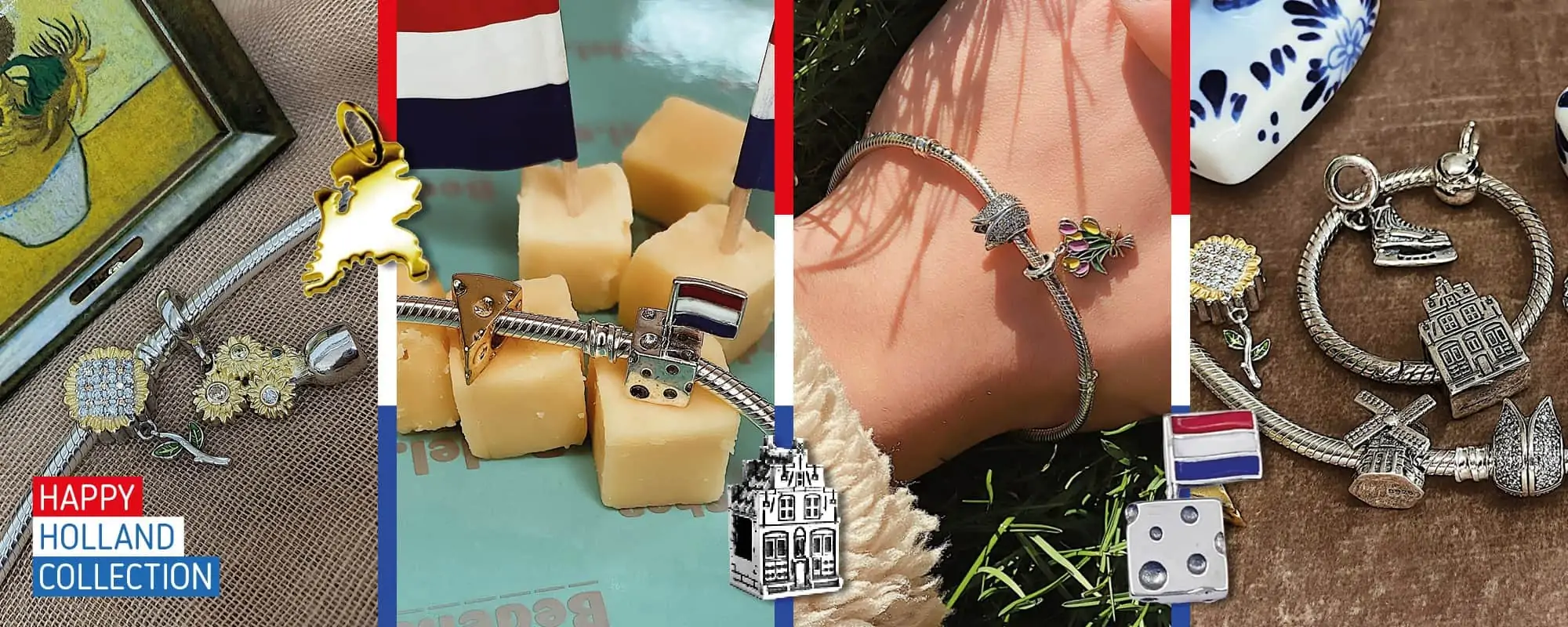 Slider met alle producten uit de happy holland collectie. Typisch nederlandse bedel. Zoals kaasblokje, stroopwafel en grachtenpand. Uiteraard gemaakt van 925 sterling zilver. Prachtige banner