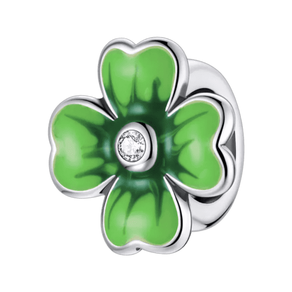 Product Afbeelding Vooraanzicht spacer met groene blaadjes met emaille met zirkonia steentje. Spacer gemaakt van 925 sterling zilver. Dit klavertje is een echt eyecatcher en blijft door de spacer precies op z'n plek zitten.