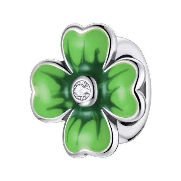 Product Afbeelding Vooraanzicht spacer met groene blaadjes met emaille met zirkonia steentje. Spacer gemaakt van 925 sterling zilver. Dit klavertje is een echt eyecatcher en blijft door de spacer precies op z'n plek zitten.