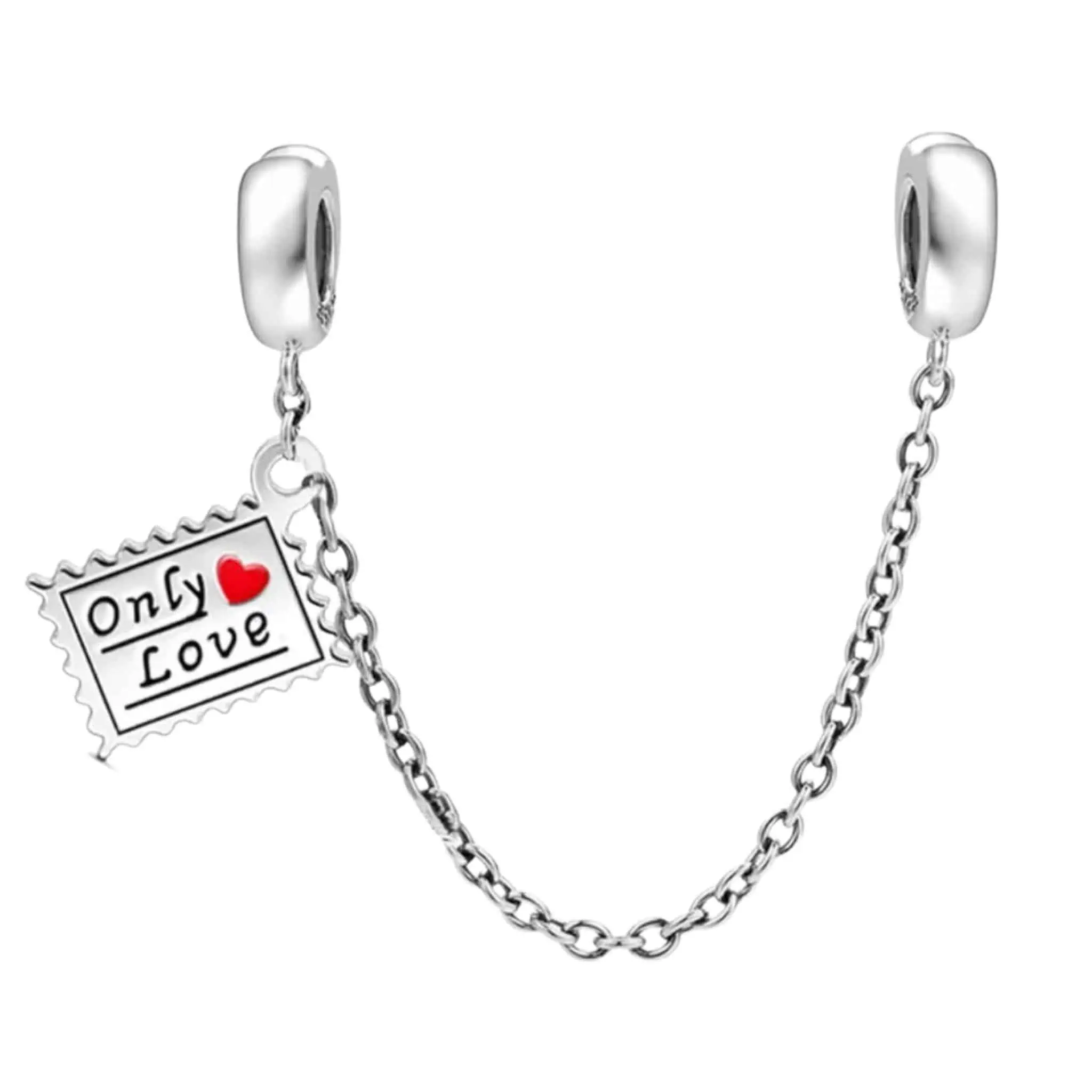 Product Afbeelding Vooraanzicht van onze prachtige veiligheidsketting love. Deze ketting is bedoeld om de veiligheid van je bedels te beschermen. Deze ketting is gemaakt van 925 sterling zilver en heeft een envelopje aan een kant met Love.