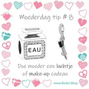 Afbeelding cadeau tip voor moederdag. Tip 8 uit de categorie 925 sterling zilveren bedels met een fles parfum en make up voor de moeder die gek is op zilver en vol is van bedels.